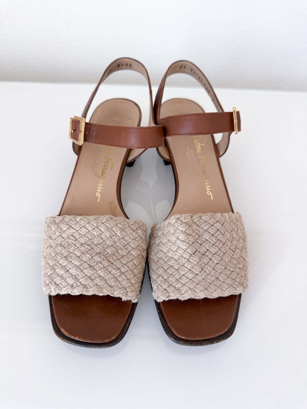 Salvatore Ferragamo Boutique Woven Raffia and Brown Leather Slingback Block Heel